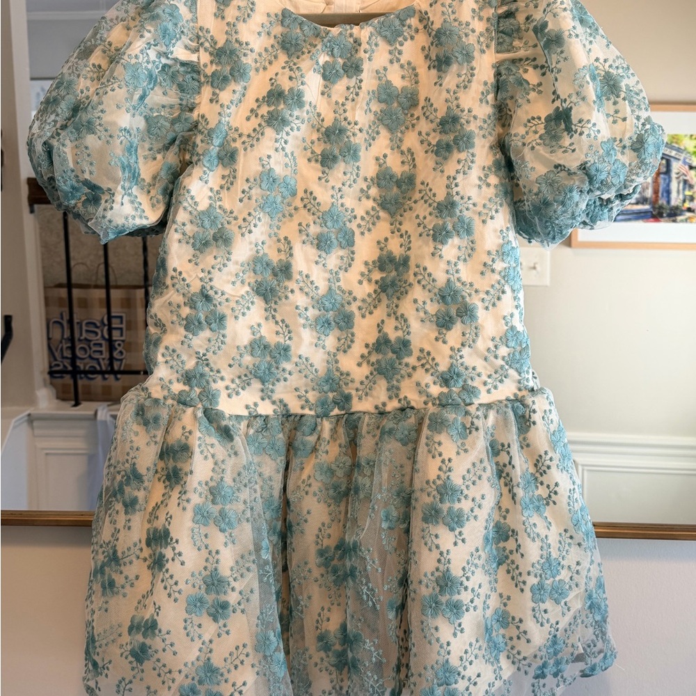 Floral Lace Kids Dress - Blue and White